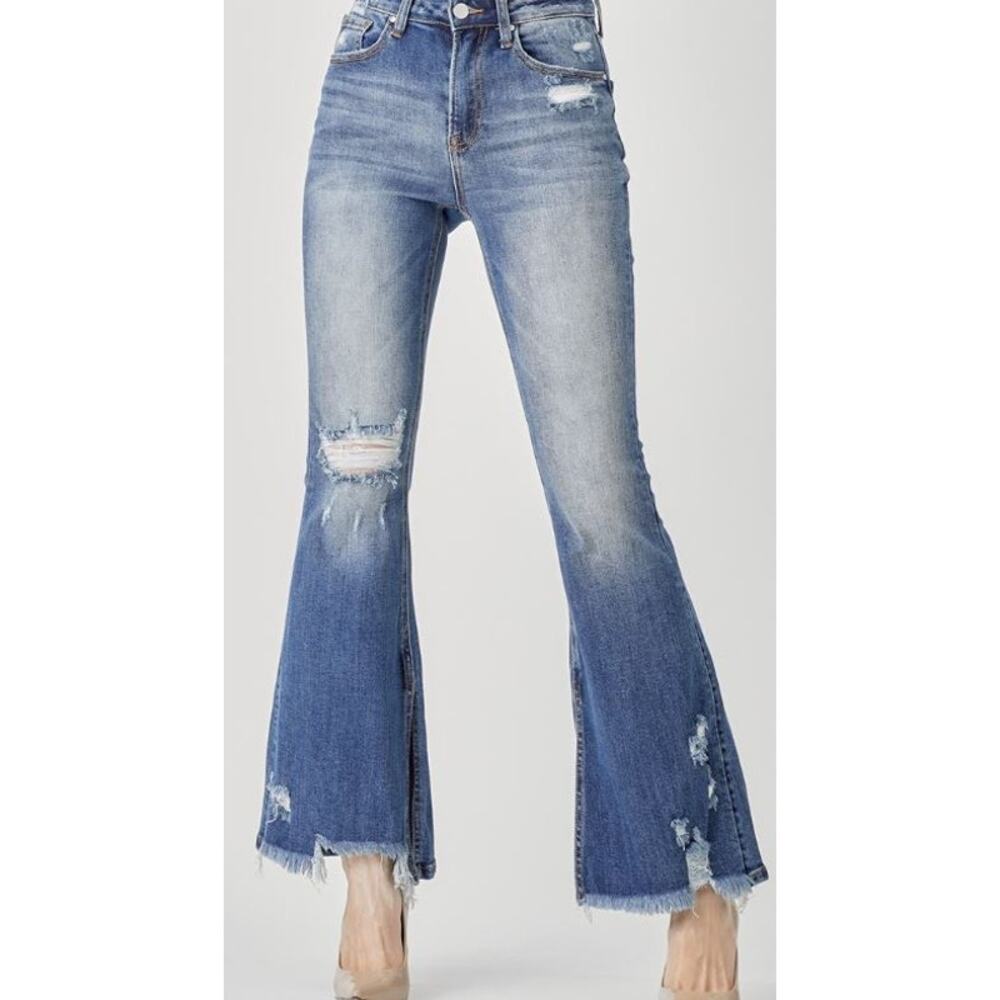 Risen High Rise Distressed Frayed Hem Flare Leg Blue Womens Size 31 - Picture 2 of 14